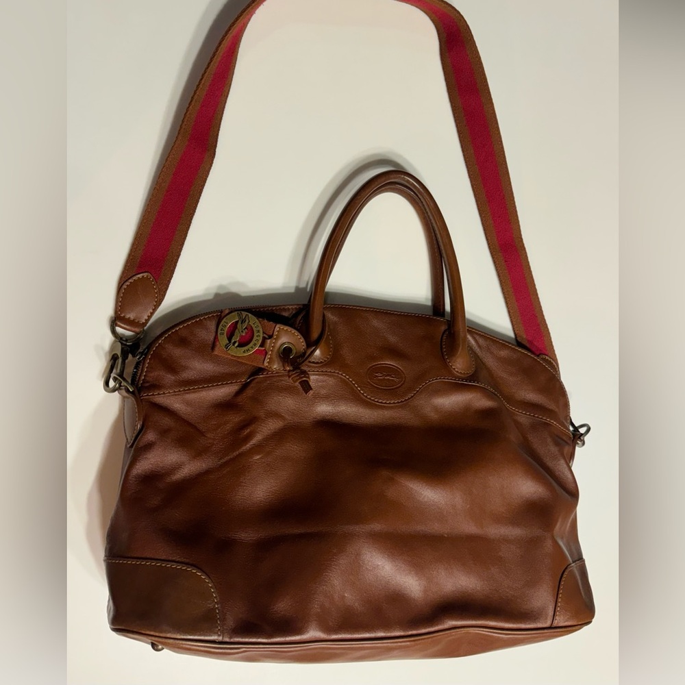Longchamp Brown Leather Travel Bag with Red Strap - Picture 11 of 12